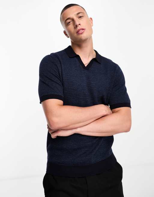 Jack & Jones Premium – Teksturowana dzianinowa koszulka polo z kołnierzykiem kubańskim w kolorze granatowym 