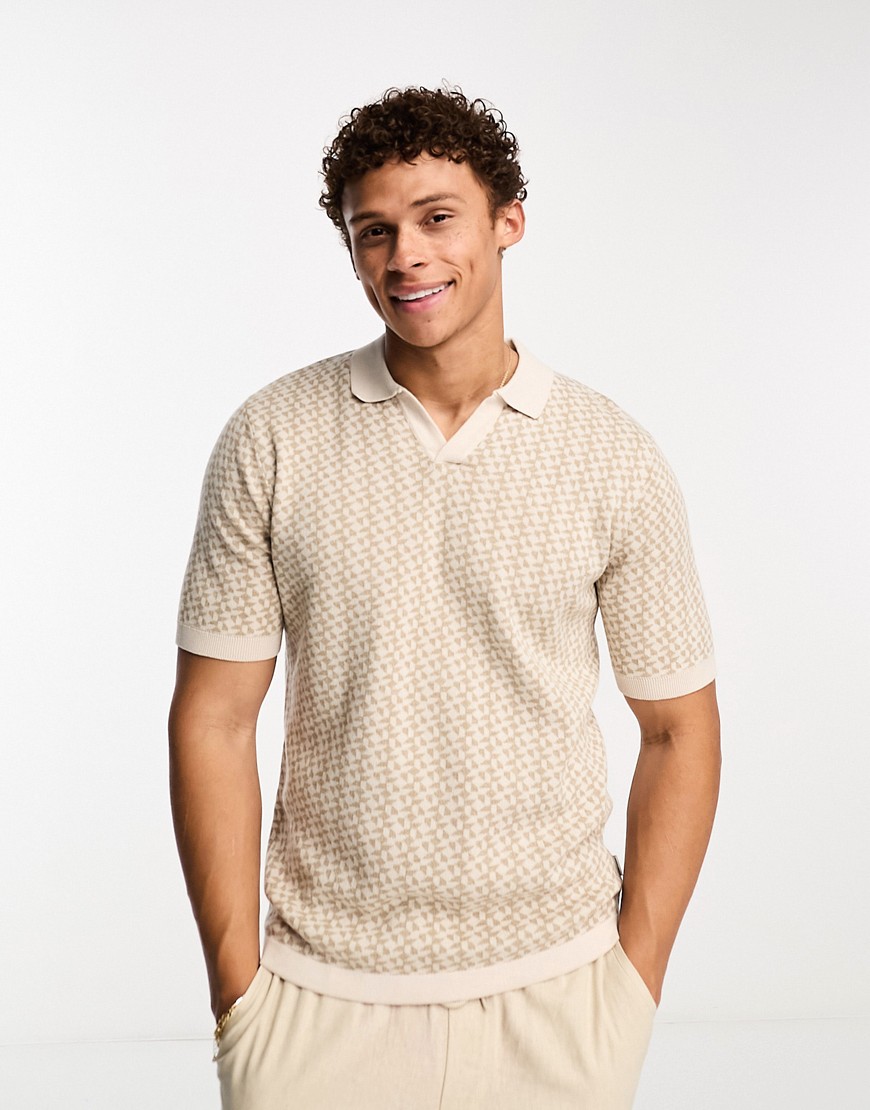 Jack & Jones Premium textured camp collar knit polo in beige-Neutral