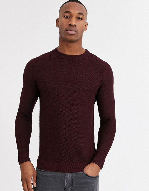 Jack & Jones Premium textured crew neck knitted jumper in burgundy