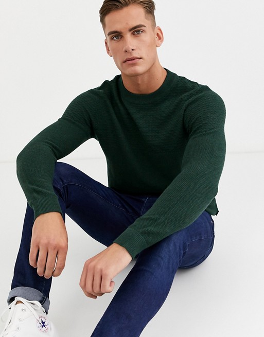 Jack & Jones Premium textured crew neck knitted jumper in green