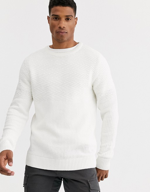 Jack & Jones Premium textured crew neck knitted jumper in white