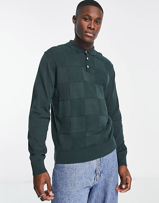 Jack & Jones Premium textured knitted polo jumper in dark green 