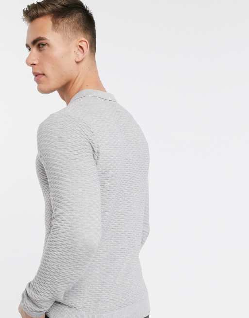 Jack & Jones Premium textured long sleeve knit polo in gray with polyester  fibers