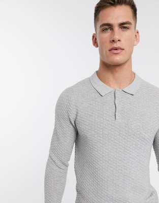 Jack & Jones Premium textured long sleeve knitted polo in grey with recycled polyester fibres