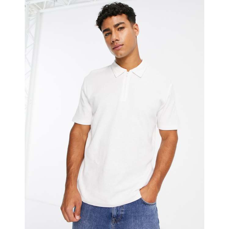 Jack Jones Premium textured zip polo in white ASOS