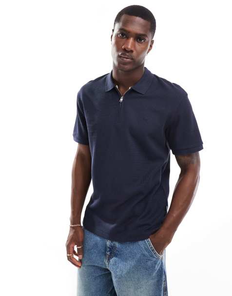 Jack & Jones Premium textured zip through polo in navy - view 1