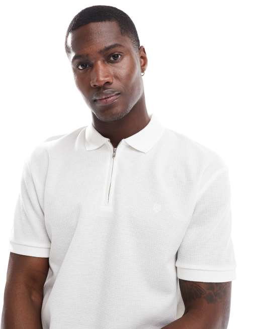 Jack Jones Premium textured zip through polo in white