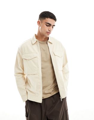 Jack & Jones Premium twill jacket with utility pockets in beige