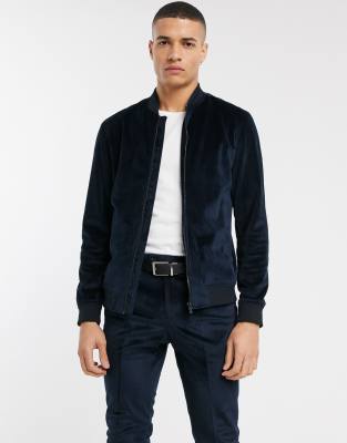 Jack Jones Premium velvet bomber jacket in navy ASOS