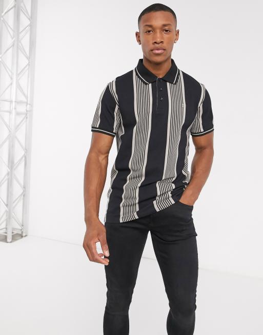 Jack & Jones Premium vertical stripe pique polo in black | ASOS