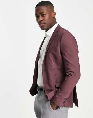 Jack & Jones Premium slim fit sateen suit jacket in burgundy - ASOS Price Checker