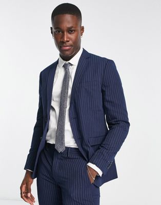 Jack & Jones Premium super slim fit pin stripe suit jacket in navy  - ASOS Price Checker