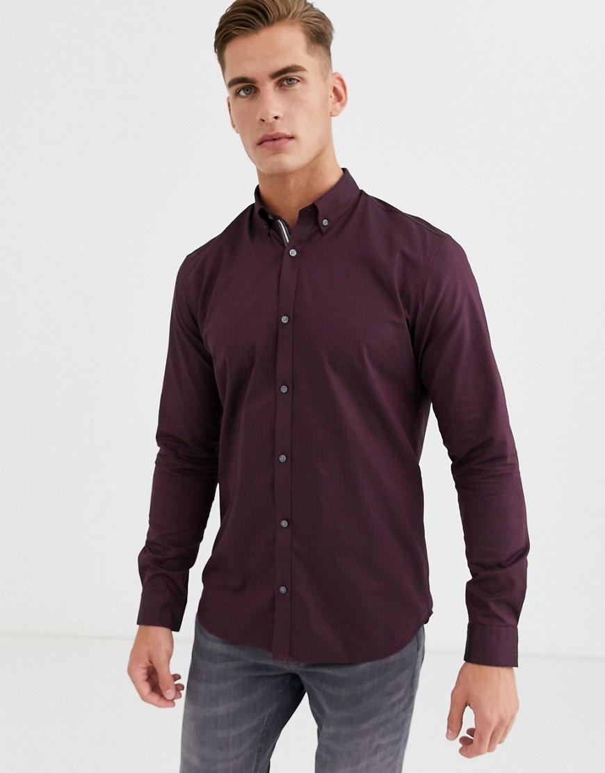 Jack & Jones – Premium – Vinröd, fiskbensmönstrad skjorta med button down-krage och smal passform