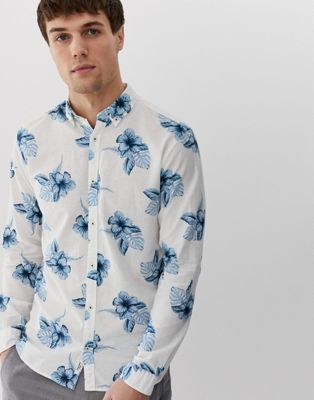 Jack & Jones – Premium – Vit blommig linneskjorta med långa ärmar