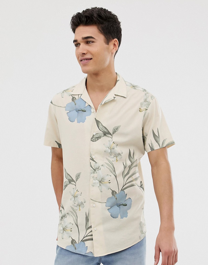 Jack & Jones – Premium – Vit blommig skjorta med kort ärm och smal passform