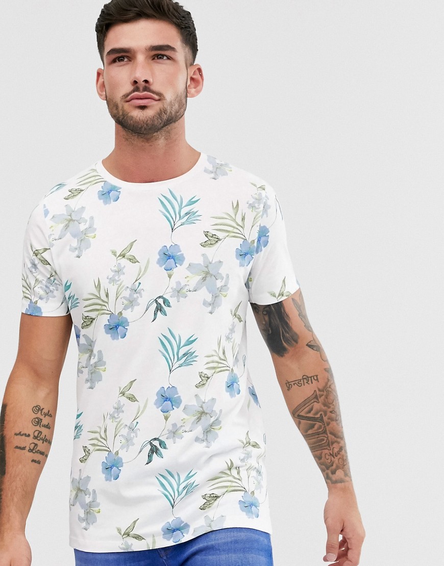 Jack & Jones – Premium – Vit, blommig t-shirt