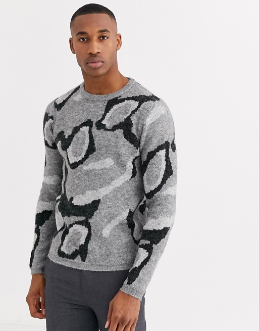 Jack & Jones Premium wool jumper in grey leopard print