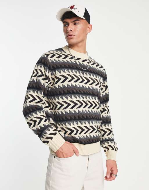 Jack & Jones Premium wool mix fair isle jumper in cream & brown 