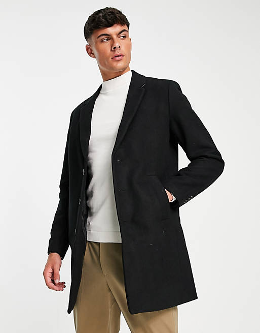 Jack & Jones Premium wool overcoat in black | ASOS
