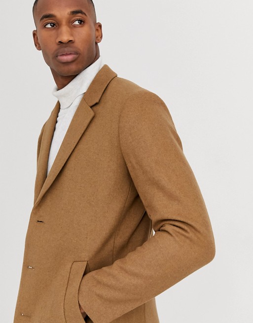 Jack & Jones Premium wool overcoat in camel