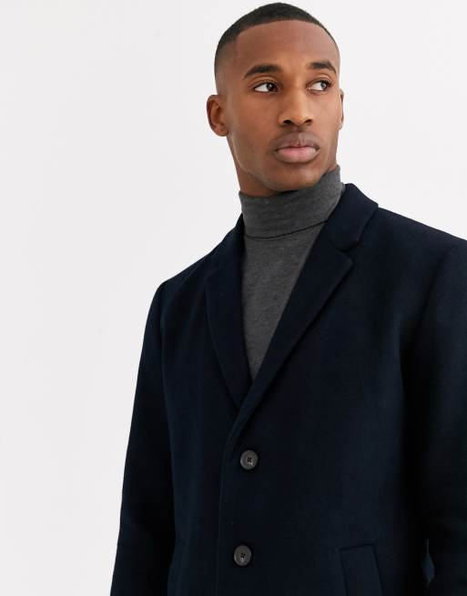 Jack & Jones Premium wool overcoat in navy | ASOS