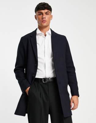 Jack & Jones Premium wool overcoat in navy | ASOS