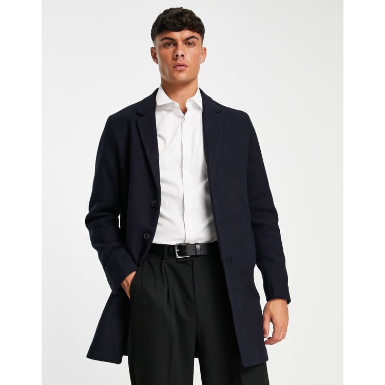 Jack & Jones Premium wool overcoat in navy | ASOS