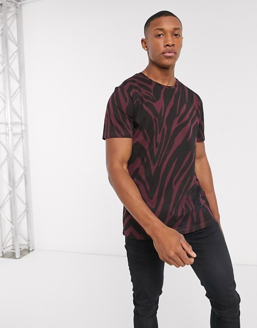 Jack & Jones Premium zebra print curved hem t-shirt in black