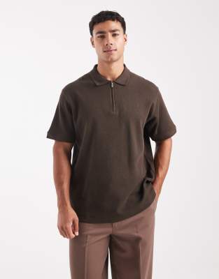 Jack & Jones Premium Zip Up Textured Polo Shirt In Brown