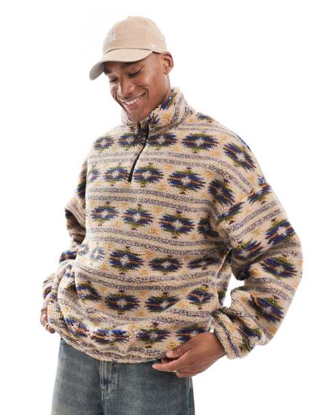 Jack & Jones printed heavy borg quarter zip in beige - view 1