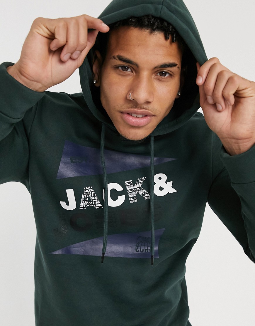 Jack & Jones printed logo hoodie in darkest spruce-Grey