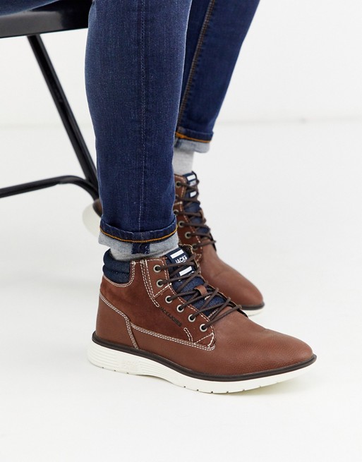 Jack & Jones PU leather contrast sole casual boots in brown