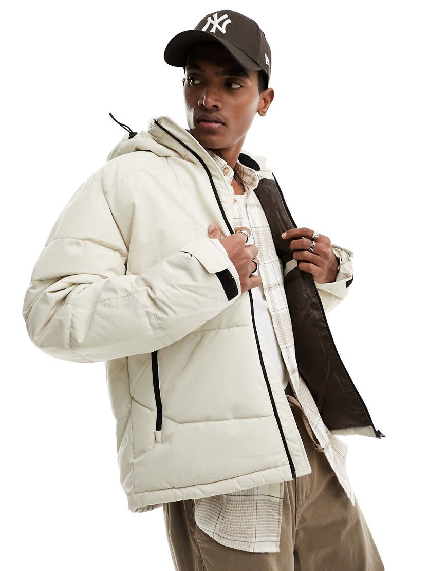 Jack & Jones puffer jacket with contrast zip in beige-Neutral