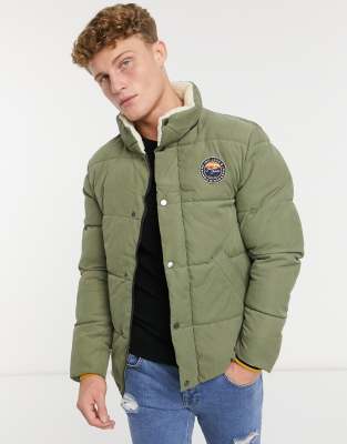 Jack & Jones puffer jacket with faux fur hood in khaki | ASOS