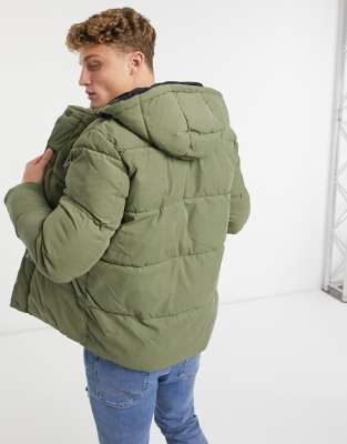 khaki puffer jacket with faux fur hood