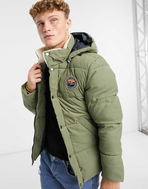 Jack Jones puffer jacket with faux fur hood in khaki