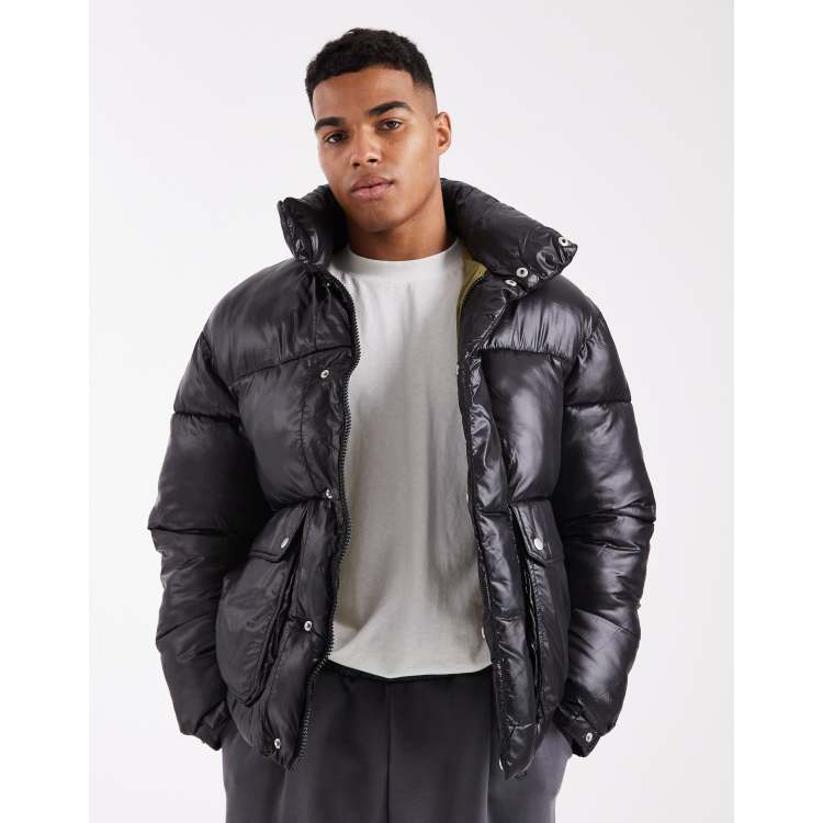 Jack & Jones puffer jacket with hi-shine in black | ASOS