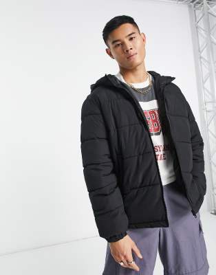 Jack & Jones puffer jacket with hood in black - ASOS Price Checker
