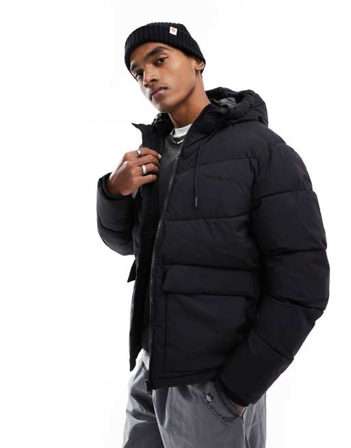 Jack & Jones puffer jacket with hood in black | ASOS