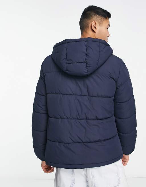 Jack Jones puffer jacket with hood in navy ASOS