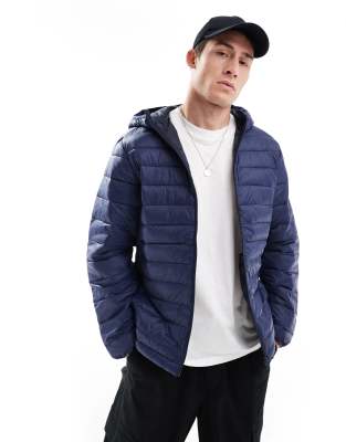 Jack & Jones puffer jacket with hood in navy