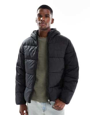 Pufferjacke in Schwarz mit Kapuze und satinartigem Glanz Schwarz S