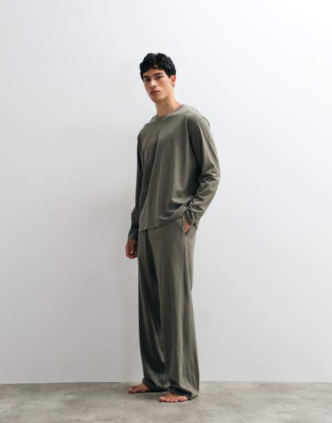 Jack & Jones pyjama top and pants set in olive green - view 1