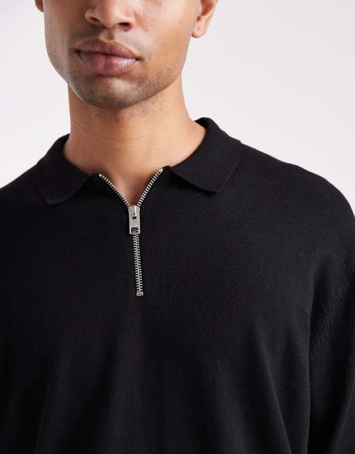 Jack & Jones quarter zip knit polo shirt in black | ASOS