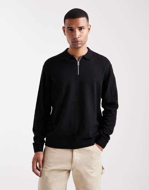 Jack & Jones quarter zip knitted polo in black - view 1