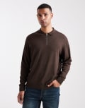 [Jack & Jones] Jack & Jones quarter zip knitted polo in brown XXL Mulch