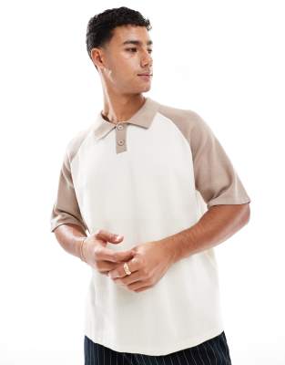 raglan knit polo shirt in beige-Neutral