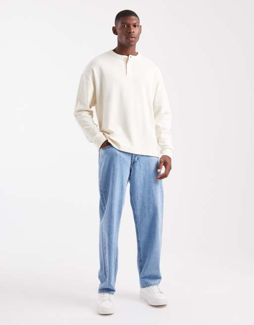 Jack & Jones - Råhvid oversized T-shirt med henley-hals, lange ærmer og vaffeltekstur, 2 af 5