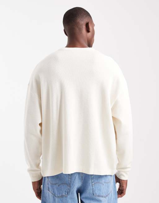 Jack & Jones - Råhvid oversized T-shirt med henley-hals, lange ærmer og vaffeltekstur, 3 af 5