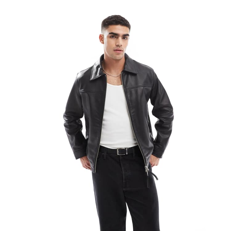 Jack & Jones real leather harrington jacket in black | ASOS